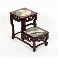 Chinese Wood Two Step Curio Stand, Marble Inserts