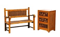 2 Pieces, Chinese Rattan Bench & Small Chest