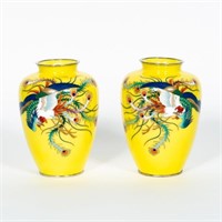 Pair, Yellow Cloisonne Vases, Bird Motif