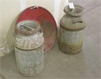 (2) Vintage Milk Cans & Metal Saucer