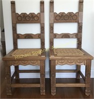 PAIR OAK CARVED SIDE CHAIRS WITH RUSH SEATS