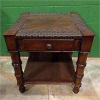 Wooden Side Table with Woven Leather Trim