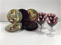 Wine Theme Snack Plates and Champagne Stems