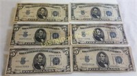 Six 1934 $5.00 Silver Certificates