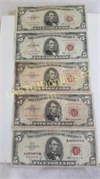 Five 1963 Red Seal 5.00 Dollar Bills