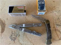 Leatherman Multi Tool, Buck Knife, 22 L R Ammo