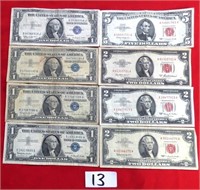 50 - LOT OF BLUE $1S, RED $2S & RED $5