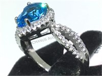 STERLING RING W/ BLUE & CLEAR GEMS, SIZE