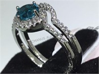 PAIR OF STERLING RING W/ CLEAR & BLUE GEMS, SIZE 6