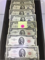 5- $1 SILVER CERTIFICATES & 3- $2 RED SEAL NOTES
