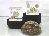 3 COIN & LUCITE PAPERWEIGHTS