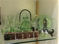 COLLECTION OF GREEN VASOLINE GLASS, CUPS, S/P