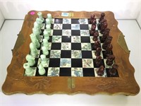 ASIAN THEMED CHESS BOARD W/COMPOSITION PIECES