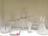 SHELF LOT OF WATERFORD CRYSTAL, PITCHERS, VASES