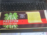 2 Preston White Lima Beans Labels-Aberdeen, Md