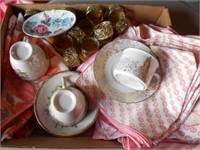 Box of Mixed Tea Cup Sets, Table Linens and Misc.