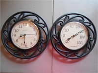 2 Metal Wall Items Clock and Thermometer 12"Wide