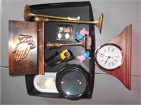 Box of Mixed Items Including Tiny Mantel Clock