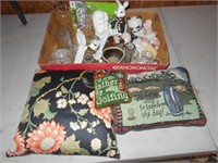 Box of Misc. Items Including Small Throw Pillows