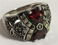 Sterling Silver And Marcasite Ring, Red Stones