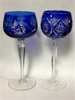 Pair Of Blue Cut To Clear Wine Glasses