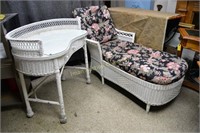 Haywood-Wakefield desk; & wicker chaise lounge