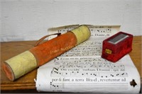 Velvet ring box & scroll carrier, w/sheet music