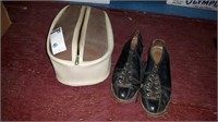 Pair of vintage leather bowling shoes in case