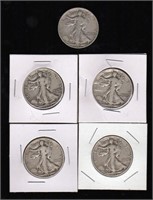 Coins - 5 Walking Liberty Half Dollars