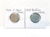 1902 V Head Nickel & 1937 Buffalo Nickel