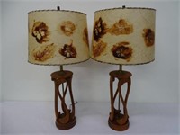 PAIR OF WALNUT LAMPS WITH MICA SHADES