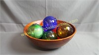 Large Wooden Bowl & Decorative Glass Balls