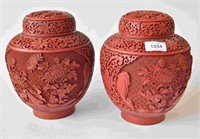 Pair of red cinnebar lacquered covered jars,