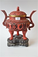 Red cinnebar lacquered covered censer,