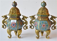 Pair hexagonal shaped cloisonne covered censers