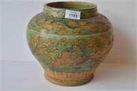 Green and yellow crackle glazed jar