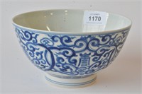 Blue and white bowl with shou character