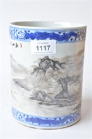 Grisaille painted landscape porcelain brush pot