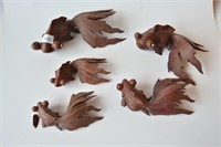 Set of 5 x graduated carved wooden goldfish,