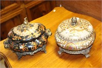 2 porcelain lidded dishes in European style,