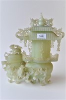 Ornate pale celadon jade covered double vase,