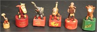 6 Vintage Wood Push Button Collapsing Toy Puppets