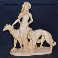 Art Deco Style Lady with 2 Wolfhound Dogs Figurine