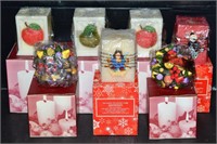 5 Holiday Pillar Candles &2 Scented Hanging Pieces