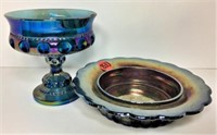 Blue Carnival Glass Compote & Candy Dish