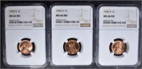 1950-D, 56-D & 58-D LINCOLN CENTS, NGC MS-66 RED
