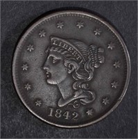 1842 LARGE CENT, XF
