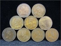 9 Large Canadian VF Pennies 1905-1913
