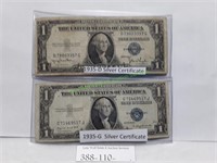 Two (2) 1957 Silver Certificate One Dollar Bills