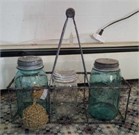 Wire Carrier and Fruit Jars, 3 Jars inc.